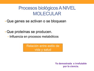 • Que genes se activan o se bloquean
• Que proteínas se producen.
• Influencia en procesos metabólicos
Procesos biológicos A NIVEL
MOLECULAR
Relación entre estilo de
vida y salud
Ya demostrada e irrefutable
por la ciencia.
 