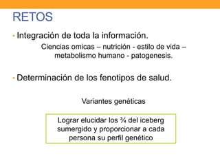• Integración de toda la información.
Ciencias omicas – nutrición - estilo de vida –
metabolismo humano - patogenesis.
• Determinación de los fenotipos de salud.
Variantes genéticas
RETOS
Lograr elucidar los ¾ del iceberg
sumergido y proporcionar a cada
persona su perfil genético
 