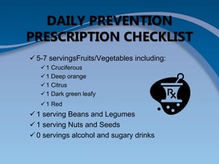 DAILY PREVENTION
PRESCRIPTION CHECKLIST
 5-7 servingsFruits/Vegetables including:
1 Cruciferous
1 Deep orange
1 Citrus
1 Dark green leafy
1 Red
 1 serving Beans and Legumes
 1 serving Nuts and Seeds
 0 servings alcohol and sugary drinks
 