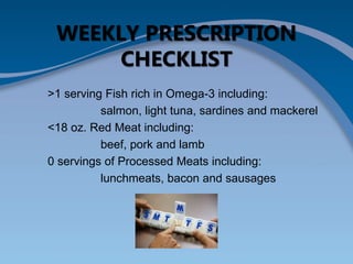 WEEKLY PRESCRIPTION
CHECKLIST
>1 serving Fish rich in Omega-3 including:
salmon, light tuna, sardines and mackerel
<18 oz. Red Meat including:
beef, pork and lamb
0 servings of Processed Meats including:
lunchmeats, bacon and sausages
 