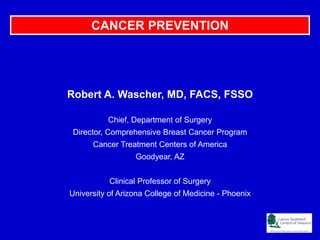 CANCER PREVENTION
Robert A. Wascher, MD, FACS, FSSO
Chief, Department of Surgery
Director, Comprehensive Breast Cancer Program
Cancer Treatment Centers of America
Goodyear, AZ
Clinical Professor of Surgery
University of Arizona College of Medicine - Phoenix
 