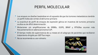 • Los ensayos se diseñan basándose en el supuesto de que los tumores metastásicos tendrán
un perfil molecular similar al del tumor primario
• La exactitud de perfil de ensayos de expresión génica en muestras de tumores primarios
ocultos es de difícil determinación
• Mutaciones y/o amplificaciones de ERBB2. EGFR, BRAF y RTK/Ras ocurren más
frecuentemente en adenocarcinoma CUP.
• El tiempo medio de supervivencia de 12 meses en el subgrupo de pacientes que recibieron
tratamiento dirigido por GEP fue mejor.
• No se recomienda su uso rutinario.
PERFIL MOLECULAR
 