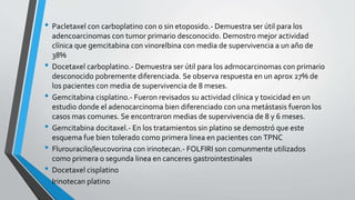 • Pacletaxel con carboplatino con o sin etoposido.- Demuestra ser útil para los
adencoarcinomas con tumor primario desconocido. Demostro mejor actividad
clínica que gemcitabina con vinorelbina con media de supervivencia a un año de
38%
• Docetaxel carboplatino.- Demuestra ser útil para los adrnocarcinomas con primario
desconocido pobremente diferenciada. Se observa respuesta en un aprox 27% de
los pacientes con media de supervivencia de 8 meses.
• Gemcitabina cisplatino.- Fueron revisados su actividad clínica y toxicidad en un
estudio donde el adenocarcinoma bien diferenciado con una metástasis fueron los
casos mas comunes. Se encontraron medias de supervivencia de 8 y 6 meses.
• Gemcitabina docitaxel.- En los tratamientos sin platino se demostró que este
esquema fue bien tolerado como primera linea en pacientes con TPNC
• Flurouracilo/leucovorina con irinotecan.- FOLFIRI son comunmente utilizados
como primera o segunda linea en canceres gastrointestinales
• Docetaxel cisplatino
• Irinotecan platino
 
