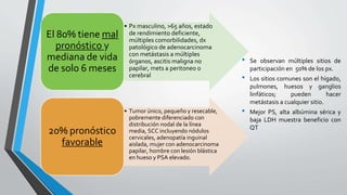 • Se observan múltiples sitios de
participación en 50% de los px.
• Los sitios comunes son el hígado,
pulmones, huesos y ganglios
linfáticos; pueden hacer
metástasis a cualquier sitio.
• Mejor PS, alta albúmina sérica y
baja LDH muestra beneficio con
QT
• Px masculino, >65 años, estado
de rendimiento deficiente,
múltiples comorbilidades, dx
patológico de adenocarcinoma
con metástasis a múltiples
órganos, ascitis maligna no
papilar, mets a peritoneo o
cerebral
El 80% tiene mal
pronóstico y
mediana de vida
de solo 6 meses
• Tumor único, pequeño y resecable,
pobremente diferenciado con
distribución nodal de la línea
media, SCC incluyendo nódulos
cervicales, adenopatía inguinal
aislada, mujer con adenocarcinoma
papilar, hombre con lesión blástica
en hueso y PSA elevado.
20% pronóstico
favorable
 