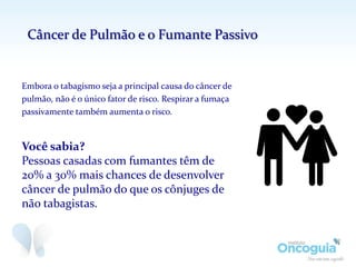 Embora o tabagismo seja a principal causa do câncer de
pulmão, não é o único fator de risco. Respirar a fumaça
passivamente também aumenta o risco.
Você sabia?
Pessoas casadas com fumantes têm de
20% a 30% mais chances de desenvolver
câncer de pulmão do que os cônjuges de
não tabagistas.
Câncer de Pulmão e o Fumante Passivo
 