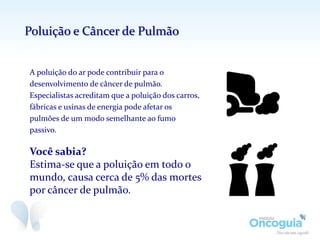 A poluição do ar pode contribuir para o
desenvolvimento de câncer de pulmão.
Especialistas acreditam que a poluição dos carros,
fábricas e usinas de energia pode afetar os
pulmões de um modo semelhante ao fumo
passivo.
Você sabia?
Estima-se que a poluição em todo o
mundo, causa cerca de 5% das mortes
por câncer de pulmão.
Poluição e Câncer de Pulmão
 