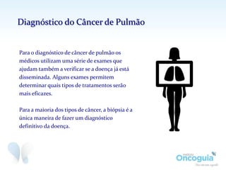 Para o diagnóstico de câncer de pulmão os
médicos utilizam uma série de exames que
ajudam também a verificar se a doença já está
disseminada. Alguns exames permitem
determinar quais tipos de tratamentos serão
mais eficazes.
Para a maioria dos tipos de câncer, a biópsia é a
única maneira de fazer um diagnóstico
definitivo da doença.
Diagnóstico do Câncer de Pulmão
 