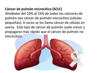 Cáncer de pulmón microcítico (SCLC)
Alrededor del 10% al 15% de todos los cánceres de
pulmón son cáncer de pulmón microcítico (células
pequeñas). A veces se les llama cáncer de células en
avena. Este tipo de cáncer de pulmón suele crecer y
propagarse más rápido que el cáncer de pulmón no
microcítico.
 