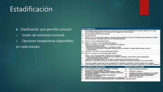 Estadificación
 Clasificación que permite conocer:
1. Grado de extensión tumoral.
2. Opciones terapéuticas disponibles
en cada estadio.
 