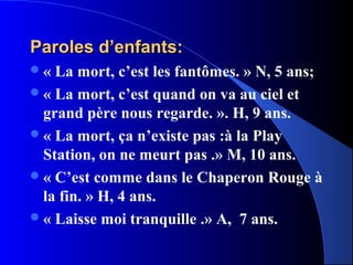 Paroles d’enfants:
«  La mort, c’est les fantômes. » N, 5 ans;
 « La mort, c’est quand on va au ciel et
  grand père nous regarde. ». H, 9 ans.
 « La mort, ça n’existe pas :à la Play
  Station, on ne meurt pas .» M, 10 ans.
 « C’est comme dans le Chaperon Rouge à
  la fin. » H, 4 ans.
 « Laisse moi tranquille .» A, 7 ans.
 