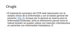 Cirugía
• El tratamiento quirúrgico del CCR está relacionado con el
estadio clínico de la enfermedad y con el estado general del
paciente ( Fig. 5). Aunque por lo general se reserva para la
enfermedad localizada, tanto la nefrectomía parcial como la
radical también se pueden utilizar con intención citorreductora
en pacientes con enfermedad metastásica. D
 
