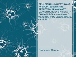 CELL SIGNALLING PATHWAYS
 ASSOCIATED WITH THE
 REDUCTION IN MAMMARY
 CANCER BURDEN BY DIETARY
 COMMON BEAN – Matthews D.
Thompson. et al.; Carcinogenesis,
Vol 33, 2012.




 Pranamee Sarma
 