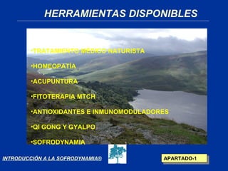 HERRAMIENTAS DISPONIBLES


        •TRATAMIENTO MÉDICO NATURISTA

        •HOMEOPATÍA

        •ACUPUNTURA

        •FITOTERAPIA MTCH

        •ANTIOXIDANTES E INMUNOMODULADORES

        •QI GONG Y GYALPO

        •SOFRODYNAMIA

INTRODUCCIÓN A LA SOFRODYNAMIA®         APARTADO-1
 
