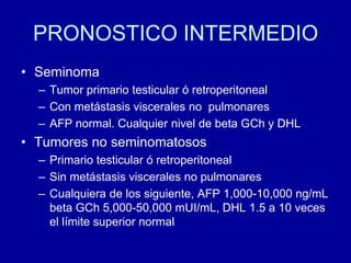 PRONOSTICO INTERMEDIOSeminomaTumor primario testicular ó retroperitonealCon metástasis viscerales no  pulmonaresAFP normal. Cualquier nivel de beta GCh y DHLTumores no seminomatososPrimario testicular ó retroperitonealSin metástasis viscerales no pulmonaresCualquiera de los siguiente, AFP 1,000-10,000 ng/mL  beta GCh 5,000-50,000 mUI/mL, DHL 1.5 a 10 veces el límite superior normal