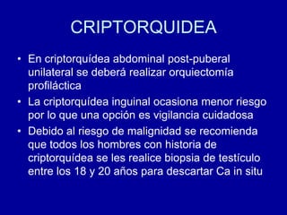CRIPTORQUIDEAEn criptorquídea abdominal post-puberal unilateral se deberá realizar orquiectomía profilácticaLa criptorquídea inguinal ocasiona menor riesgo por lo que una opción es vigilancia cuidadosaDebido al riesgo de malignidad se recomienda que todos los hombres con historia de criptorquídea se les realice biopsia de testículo entre los 18 y 20 años para descartar Ca in situ