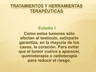 TRATAMIENTOS Y HERRAMIENTAS
TERAPÉUTICAS
Estadío I
• Como estos tumores sólo
afectan al testículo, extirparlo
garantiza, en la mayoría de los
casos, la curación. Para evitar
que el tumor vuelva a aparecer,
quimioterapia o radioterapia
para reducir el riesgo.
 