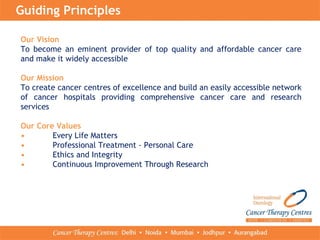 Our Vision
To become an eminent provider of top quality and affordable cancer care
and make it widely accessible
Our Mission
To create cancer centres of excellence and build an easily accessible network
of cancer hospitals providing comprehensive cancer care and research
services
Our Core Values
• Every Life Matters
• Professional Treatment - Personal Care
• Ethics and Integrity
• Continuous Improvement Through Research
Guiding Principles
 