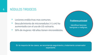 NÓDULOS TIROIDEOS
▹ Lesiones endócrinas mas comunes.
▹ Descubrimiento de micronodulos (<1 cm) ha
aumentado con el uso de US rutinario.
▹ 50% de mujeres >60 años tienen micronódulos.
4
Problema principal
Identificar lesiones
benignas o malignas.
En la mayoría de los casos, se recomienda seguimiento y tratamiento conservador
expectante.
 
