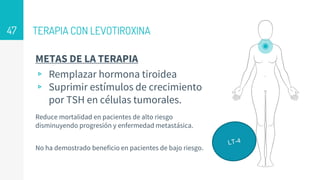 TERAPIA CON LEVOTIROXINA
METAS DE LA TERAPIA
▹ Remplazar hormona tiroidea
▹ Suprimir estímulos de crecimiento
por TSH en células tumorales.
47
Reduce mortalidad en pacientes de alto riesgo
disminuyendo progresión y enfermedad metastásica.
No ha demostrado beneficio en pacientes de bajo riesgo.
 