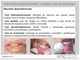 Mucosite: desenvolvimento
• Fase inflamatória/vascular: liberação de citocinas que causam danos
teciduais local e iniciam a resposta inflamatória;
• Fase epitelial: ação das drogas nas células epiteliais, o que resulta na
redução da resposta celular, atrofia e ulceração;
• Fase ulcerativa/bacteriana: erosão tecidual e colonização bacteriana
secundária, concomitante a neutropenia;
• Fase de cicatrização: resolução da neutropenia, renovação e proliferação
epitelial e restabelecimento da flora microbiana local.
Toxicidade gastrointestinal: cuidados com as mucosites
(BONASSA, 2011)
 