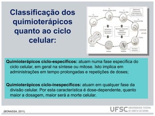 Classificação dos
quimioterápicos
quanto ao ciclo
celular:
Quimioterápicos ciclo-específicos: atuam numa fase específica do
ciclo celular, em geral na síntese ou mitose. Isto implica em
administrações em tempo prolongadas e repetições de doses;
Quimioterápicos ciclo-inespecíficos: atuam em qualquer fase da
divisão celular. Por esta característica é dose-dependente, quanto
maior a dosagem, maior será a morte celular.
(BONASSA, 2011)
 