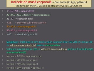  < 18,5 (20) = subponderal< 18,5 (20) = subponderal
 20–24,9 (23,9 la femei) = normoponderal20–24,9 (23,9 la femei) = normoponderal
 25–29 = supraponderal25–29 = supraponderal
 > 28 = creşte riscul cardio-vascular> 28 = creşte riscul cardio-vascular
 30–34,9 = obezitate gradul I30–34,9 = obezitate gradul I
 35–39,9 = obezitate gradul II35–39,9 = obezitate gradul II
 > 40 = obezitate gradul III> 40 = obezitate gradul III
 SimplificatSimplificat = Înălţimea (în cm) pentru valori cuprinse între 150-200 cm minus 100= Înălţimea (în cm) pentru valori cuprinse între 150-200 cm minus 100
=>=> valoarea maximă admisăvaloarea maximă admisă pentrupentru normoponderenormopondere
 Valoarea maximă minus 15% =>Valoarea maximă minus 15% => valoarea minimă admisăvaloarea minimă admisă pentru a fi considerat(ă)pentru a fi considerat(ă)
normoponderal(ă)normoponderal(ă)
 Normal + 1-19% = supraponderalNormal + 1-19% = supraponderal
 Normal + 20-39% = obez gr. INormal + 20-39% = obez gr. I
 Normal + 40-59% = obez gr. IINormal + 40-59% = obez gr. II
 Normal + 60% şi peste = obez gr. IIINormal + 60% şi peste = obez gr. III
 