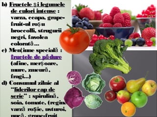 b)b) Fructele i legumeleşFructele i legumeleş
de culori intensede culori intense ::
varza, ceapa, grape-varza, ceapa, grape-
fruit-ul roşfruit-ul roşuu
broccolli, struguriibroccolli, strugurii
negri, fasoleanegri, fasolea
colorat ...ăcolorat ...ă
c) Men iune special :ţ ăc) Men iune special :ţ ă
fructele de p dureăfructele de p dureă
(afine, mer oare,ş(afine, mer oare,ş
mure, zmeur ,ămure, zmeur ,ă
fragi...)fragi...)
d) Consumul zilnic ald) Consumul zilnic al
““liderilorcap deliderilorcap de
serieserie” : spirulin ,ă” : spirulin ,ă
soia, tomate, (regina)soia, tomate, (regina)
varzăvarză ro ieșro ieș , usturoi,, usturoi,
 
