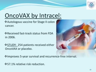 OncoVAX by Intracel:
18
Autologous vaccine for Stage II colon
cancer.
Received fast-track status from FDA
in 2006.
STUDY: 254 patients received either
OncoVAX or placebo.
Improves 5-year survival and recurrence-free interval.
57.1% relative risk reduction.
 