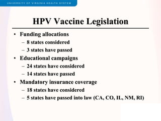 HPV Vaccine Legislation
• Funding allocations
– 8 states considered
– 3 states have passed
• Educational campaigns
– 24 states have considered
– 14 states have passed
• Mandatory insurance coverage
– 18 states have considered
– 5 states have passed into law (CA, CO, IL, NM, RI)
 