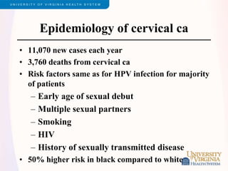 Epidemiology of cervical ca
• 11,070 new cases each year
• 3,760 deaths from cervical ca
• Risk factors same as for HPV infection for majority
of patients
– Early age of sexual debut
– Multiple sexual partners
– Smoking
– HIV
– History of sexually transmitted disease
• 50% higher risk in black compared to white
 