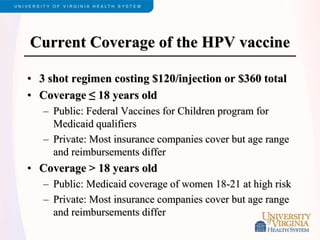 Current Coverage of the HPV vaccine
• 3 shot regimen costing $120/injection or $360 total
• Coverage ≤ 18 years old
– Public: Federal Vaccines for Children program for
Medicaid qualifiers
– Private: Most insurance companies cover but age range
and reimbursements differ
• Coverage > 18 years old
– Public: Medicaid coverage of women 18-21 at high risk
– Private: Most insurance companies cover but age range
and reimbursements differ
 