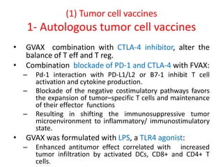 (1) Tumor cell vaccines
1- Autologous tumor cell vaccines
• GVAX combination with CTLA-4 inhibitor, alter the
balance of T eff and T reg.
• Combination blockade of PD-1 and CTLA-4 with FVAX:
– Pd-1 interaction with PD-L1/L2 or B7-1 inhibit T cell
activation and cytokine production.
– Blockade of the negative costimulatory pathways favors
the expansion of tumor–specific T cells and maintenance
of their effector functions
– Resulting in shifting the immunosuppressive tumor
microenvironment to inflammatory/ immunostimulatory
state.
• GVAX was formulated with LPS, a TLR4 agonist:
– Enhanced antitumor effect correlated with increased
tumor infiltration by activated DCs, CD8+ and CD4+ T
cells.
 