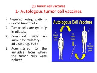 (1) Tumor cell vaccines
1- Autologous tumor cell vaccines
• Prepared using patient-
derived tumor cells:
1. Tumor cells are typically
irradiated.
2. Combined with an
immunostimulatory
adjuvant (eg. BCG).
3. Administered to the
individual from whom
the tumor cells were
isolated.
 