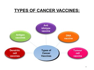 TYPES OF CANCER VACCINES:
10
Types of
Cancer
Vaccines
Types of
Cancer
Vaccines
Dendritic
cell
vaccines
Antigen
vaccines
Tumour
cell
vaccine
DNA
vaccine
Anti
idiotype
vaccine
 