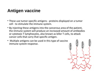 Antigen vaccine
11
• These use tumor-specific antigens - proteins displayed on a tumor
cell - to stimulate the immune system.
• By injecting these antigens into the cancerous area of the patient,
the immune system will produce an increased amount of antibodies
or cytotoxic T lymphocytes, also known as killer T cells, to attack
cancer cells that carry that specific antigen.
• Multiple antigens can be used in this type of vaccine to vary the
immune system response.
 