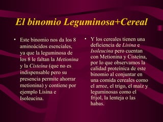 El binomio Leguminosa+Cereal 
• Este binomio nos da los 8 
aminoácidos esenciales, 
ya que la leguminosa de 
los 8 le faltan la Metionina 
y la Cisteína (que no es 
indispensable pero su 
presencia permite ahorrar 
metionina) y contiene por 
ejemplo Lisina e 
Isoleucina. 
• Y los cereales tienen una 
deficiencia de Lisina e 
Isoleucina pero cuentan 
con Metionina y Cisteína, 
por lo que observamos la 
calidad proteínica de este 
binomio al conjuntar en 
una comida cereales como 
el arroz, el trigo, el maíz y 
leguminosas como el 
fríjol, la lenteja o las 
habas. 
 