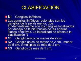 CLASIFICACIÓN N:   Ganglios linfáticos Los ganglios linfáticos regionales son los ganglios de la pelvis menor, que fundamentalmente son los ganglios localizados por debajo de la bifurcación de las arterias ilíacas primitivas. La lateralidad no afecta a la clasificación N N1  Ganglio único de menos de 2 cm. N2  Ganglio único de mayor de 2 cm., menor de 5 cm, o múltiples de mas de 2 cm. N3  Ganglios de mas de 5 cm. 