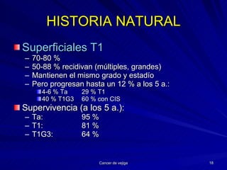 HISTORIA NATURAL Superficiales T1 70-80 % 50-88 % recidivan (múltiples, grandes) Mantienen el mismo grado y estadío Pero progresan hasta un 12 % a los 5 a.: 4-6 % Ta 29 % T1 40 % T1G3 60 % con CIS Supervivencia (a los 5 a.): Ta: 95 % T1: 81 % T1G3: 64 % 