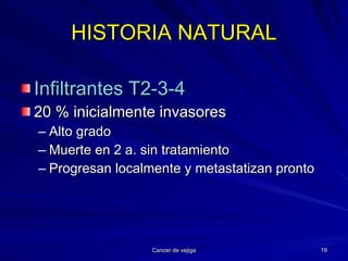 HISTORIA NATURAL Infiltrantes T2-3-4 20 % inicialmente invasores Alto grado Muerte en 2 a. sin tratamiento Progresan localmente y metastatizan pronto 