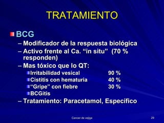 TRATAMIENTO BCG Modificador de la respuesta biológica Activo frente al Ca. “in situ”  (70 % responden) Mas tóxico que lo QT: Irritabilidad vesical 90 % Cistitis con hematuria 40 % “ Gripe” con fiebre 30 % BCGitis Tratamiento: Paracetamol, Específico 