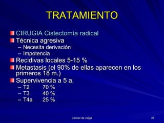 TRATAMIENTO CIRUGIA Cistectomía radical Técnica agresiva Necesita derivación Impotencia Recidivas locales 5-15 % Metastasis (el 90% de ellas aparecen en los primeros 18 m.) Supervivencia a 5 a. T2 70 % T3 40 % T4a 25 % 