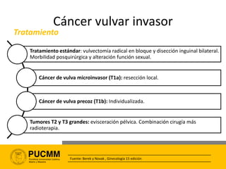 Cáncer vulvar invasor
Tratamiento
Todas las pacientes que tengan más de 1mm de invasión estromal o tumores
>2cm, requerirá...
