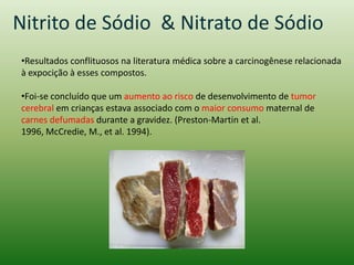 Nitrito de Sódio & Nitrato de Sódio
•Resultados conflituosos na literatura médica sobre a carcinogênese relacionada
à expocição à esses compostos.
•Foi-se concluído que um aumento ao risco de desenvolvimento de tumor
cerebral em crianças estava associado com o maior consumo maternal de
carnes defumadas durante a gravidez. (Preston-Martin et al.
1996, McCredie, M., et al. 1994).
 