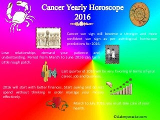 Cancer sun sign will become a stronger and more
confident sun sign as per astrological horoscope
predictions for 2016.
Love relationships demand your patience and
understanding. Period from March to June 2016 can be a
Little rough patch.
Last quarter of 2016 will be very favoring in terms of your
career, job and business.
2016 will start with better finances. Start suving and do not
spend without thinking in order manage your money
effectively.
March to July 2016, you must take care of your
health.
©AakmyoracLe.com
 