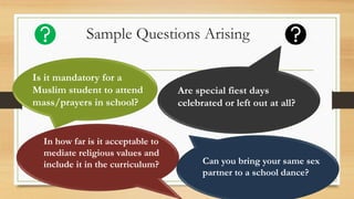 Sample Questions Arising
Is it mandatory for a
Muslim student to attend
mass/prayers in school?
In how far is it acceptable to
mediate religious values and
include it in the curriculum?
Are special fiest days
celebrated or left out at all?
Can you bring your same sex
partner to a school dance?
 