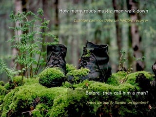 How many roads must a man walk downHow many roads must a man walk down
Cuantos caminos debe un hombre recorrerCuantos caminos debe un hombre recorrer
Before they call him a man?
Antes de que lo llamen un hombre?
 