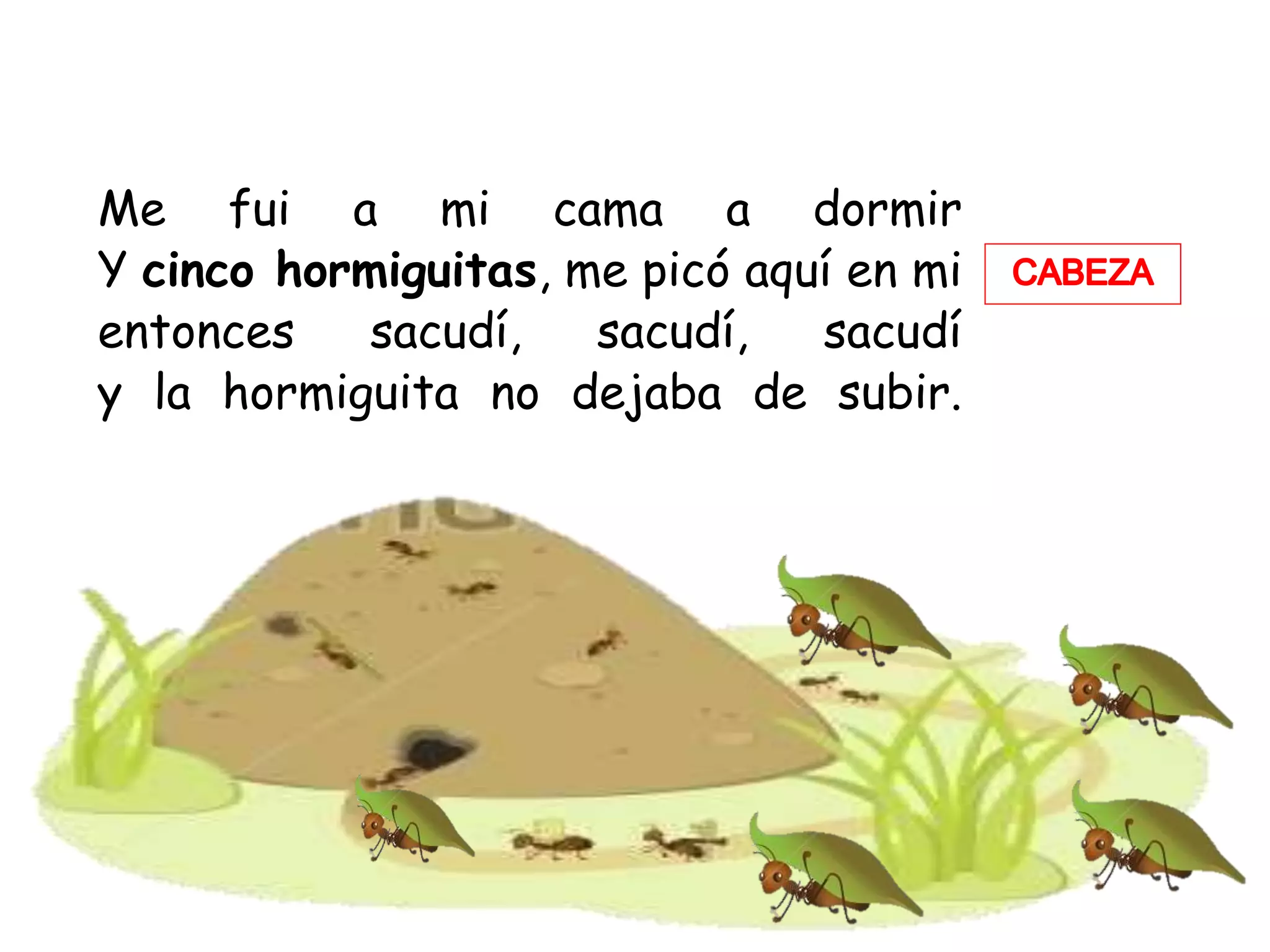 Me fui a mi cama a dormir
Y cinco hormiguitas, me picó aquí en mi
entonces sacudí, sacudí, sacudí
y la hormiguita no dejaba de subir.
 