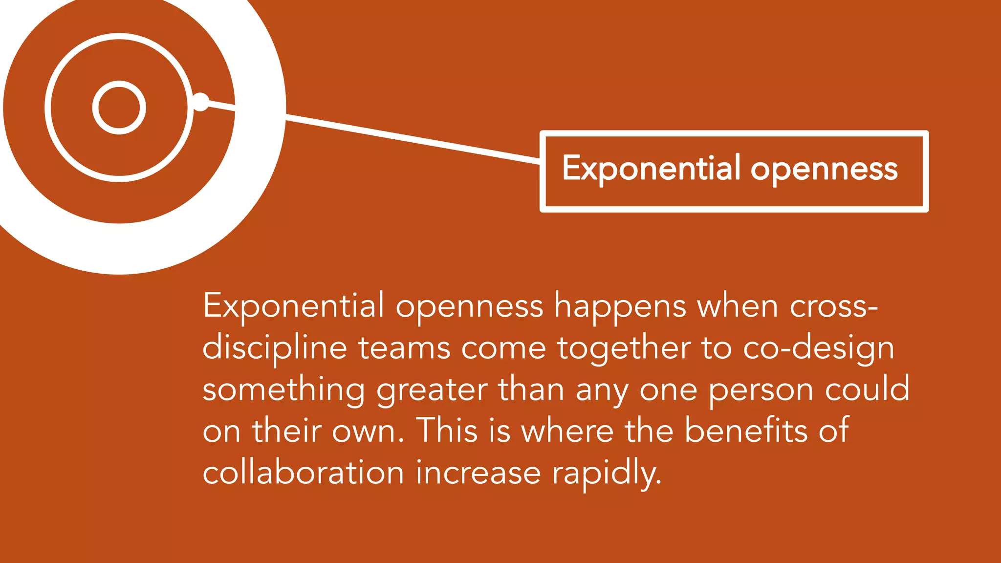 Exponential openness happens when cross-
discipline teams come together to co-design
something greater than any one person could
on their own. This is where the benefits of
collaboration increase rapidly.
 