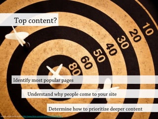 Top content?
Understand why people come to your site
Identify most popular pages
Determine how to prioritize deeper content
Image credit:emiliokuffer http://www.flickr.com/photos/22298955@N08
 