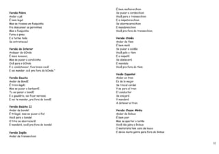 É bem melhoreichion
Versão Pobre                            Se puxar o cordeichion
Andar a pé                              Você para o trenseichion
É bem legal                             E o inspetoreichion
Mas se tivesse um fusquinha             Se aborrecereichion
Pra descansar as perninhas              E mandareichion
Mas o fusquinha                         Você pra fora do trenseichion.
Furou o pneu
E a turma toda                          Versão Chinês
Se entristeceu!                         Andar de tlem
                                        É bem meló
Versão do Interior                      Se puxar o coldão
Andaaar de bOnde                        Você pala o tlem
É mais mioooor,                         E o inspetô
Mas se puxar a cordiiiinha              Se abelecerá
Ocê para o bOnde                        E mandala
E o condutoooor, fica bravo cocê        Você pra fora do tlem
E vai mandar, ocê pra fora do bOnde."
                                        Vesão Espanhol
Versão Gaucha                           Andar en tren
Andar de BondE                          Es de lo mejor
É triiiii-legAl                         Se tira el cordel
Mas se puxar o barbantE                 Y se para el tren
Tu vai parar o bondE                    El conductor
E o gaudério, vai ficar nervoso         Se enojará
E vai te mandar, pra fora do bondE      Y mandará
                                        A detener el tren
Versão Gaúcha II
Andar de bonde!                         Versão Classe Média
É trilegal, mas se puxar o fio!         Andar de ônibus
Você para o bonde!                      É bem pior
O titio se aborrecerá!                  Mas se apertar o botão
E mandará, você pra fora do bonde!      Você não pára o ônibus
                                        O motorista tem cara de louco
Versão Inglês                           E deixa muita gente para fora do ônibus
Andar de trenseichion

                                                                                  11
 